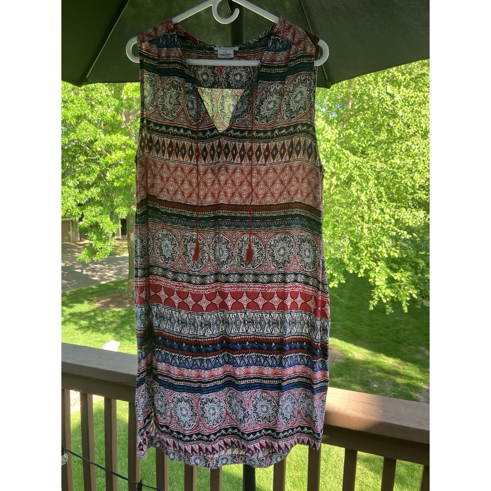 BeachLunchLounge XXL Boho Tassel Tunic Dress Red Geometric Rayon